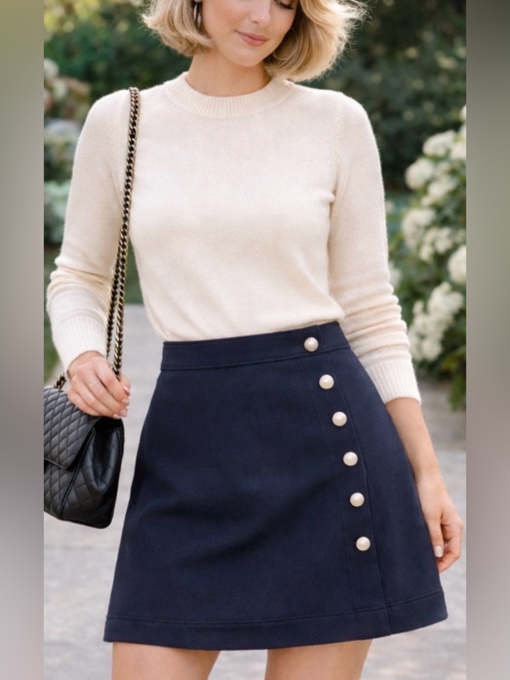 Ann Taylor Navy A-Line Mini Skirt with Pearl Side Buttons Classic Coastal Preppy